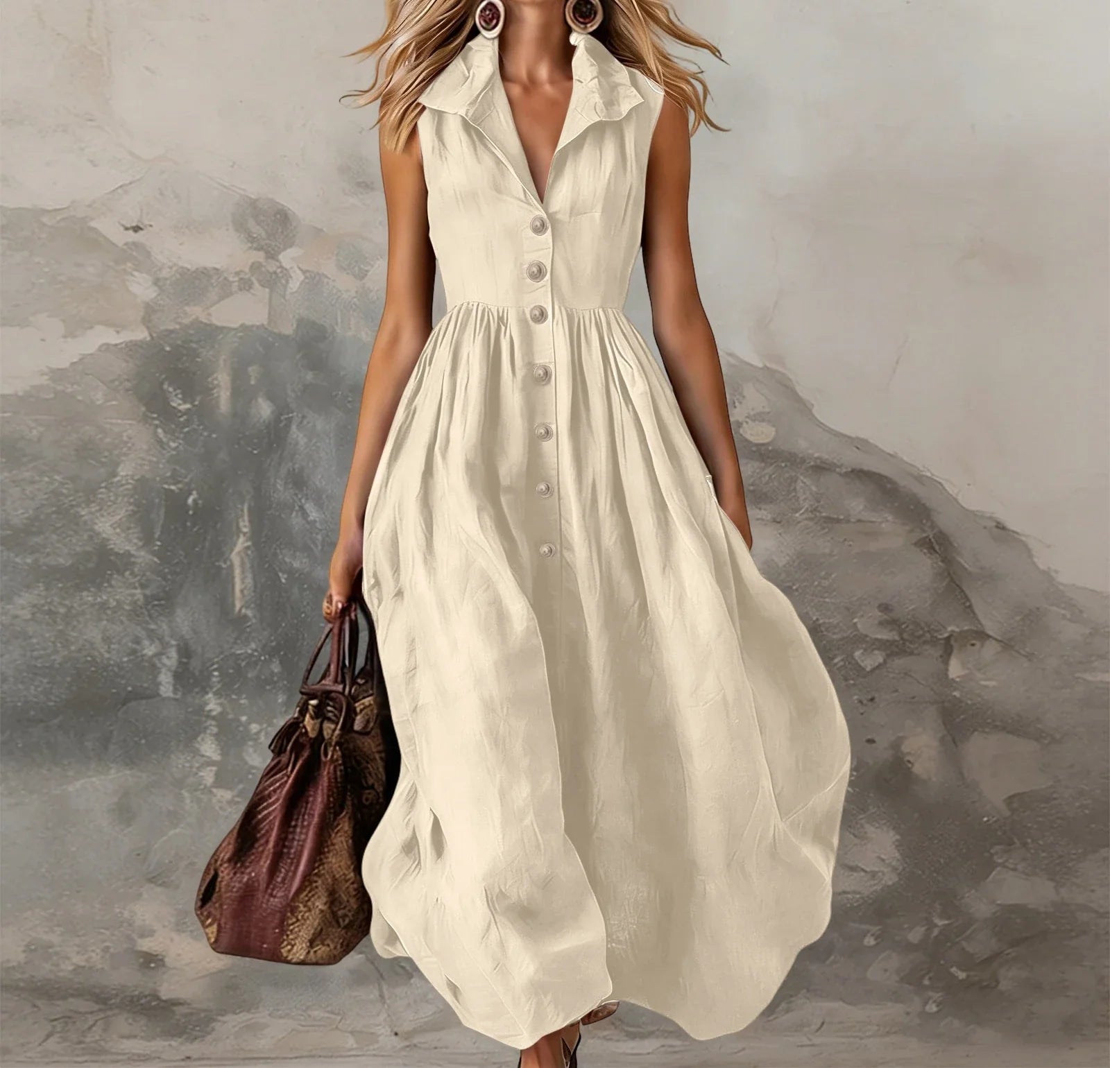 Women's Sleeveless Maxi Dress High-Waist Pleated Lapel Button-Front Summer Wedding Guest - Victrafia