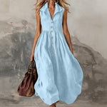 Women's Sleeveless Maxi Dress High-Waist Pleated Lapel Button-Front Summer Wedding Guest - Victrafia