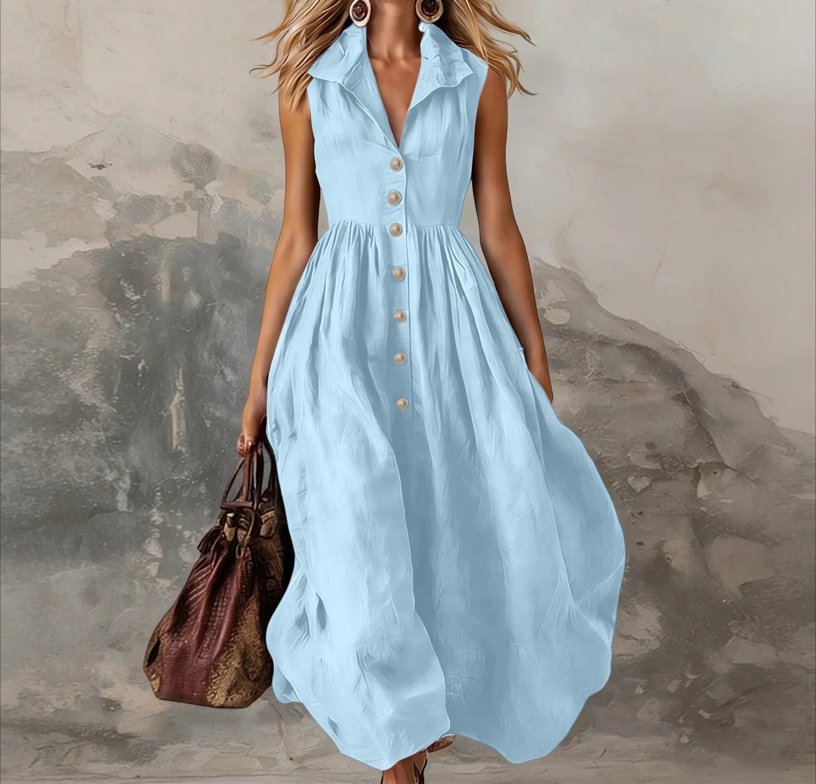 Women's Sleeveless Maxi Dress High-Waist Pleated Lapel Button-Front Summer Wedding Guest - Victrafia
