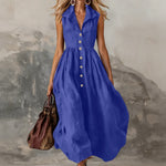Women's Sleeveless Maxi Dress High-Waist Pleated Lapel Button-Front Summer Wedding Guest - Victrafia