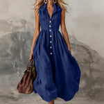 Women's Sleeveless Maxi Dress High-Waist Pleated Lapel Button-Front Summer Wedding Guest - Victrafia