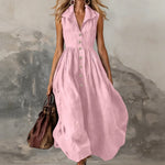 Women's Sleeveless Maxi Dress High-Waist Pleated Lapel Button-Front Summer Wedding Guest - Victrafia