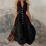 Women's Sleeveless Maxi Dress High-Waist Pleated Lapel Button-Front Summer Wedding Guest - Victrafia