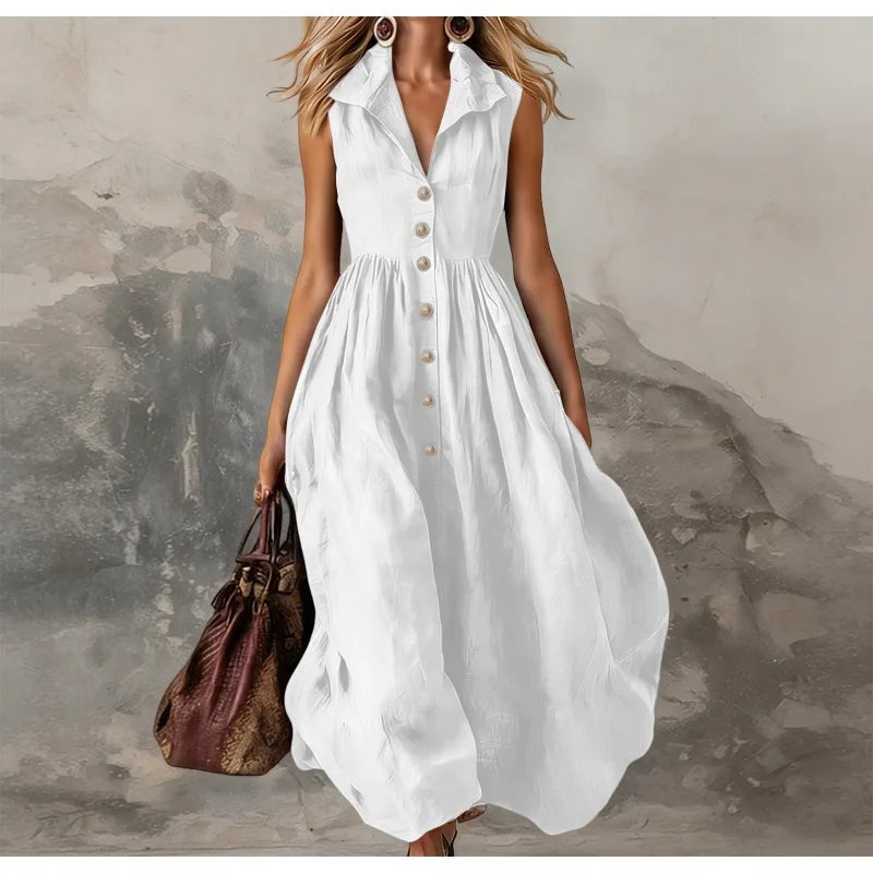 Women's Sleeveless Maxi Dress High-Waist Pleated Lapel Button-Front Summer Wedding Guest - Victrafia