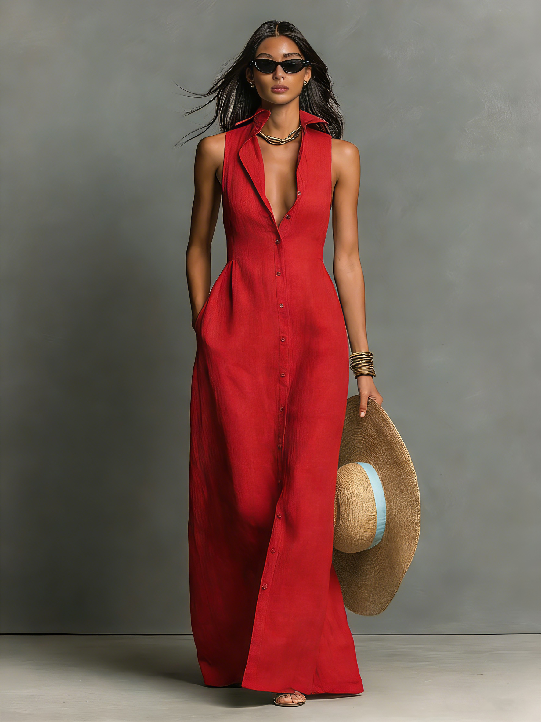 Women's Sleeveless Maxi Shirt Dress Collared Button-Down Summer Vacation Casual - Victrafia