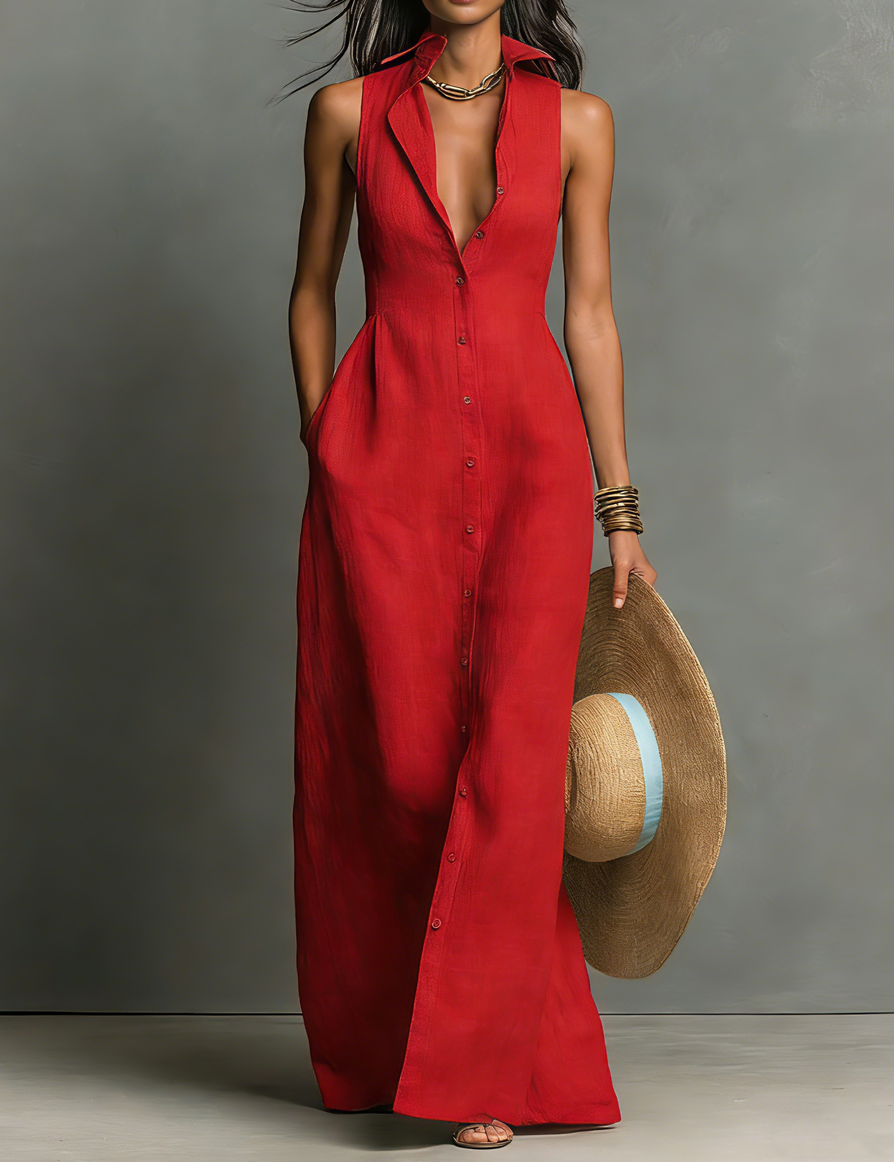 Women's Sleeveless Maxi Shirt Dress Collared Button-Down Summer Vacation Casual - Victrafia