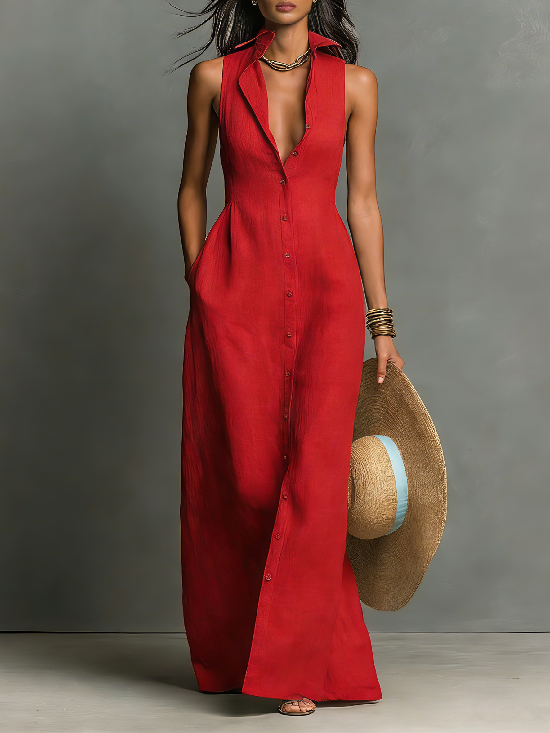 Women's Sleeveless Maxi Shirt Dress Collared Button-Down Summer Vacation Casual - Victrafia
