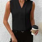 Women's Sleeveless Pleated V-Neck Blouse Office Workwear Casual Flowy Top - Victrafia