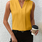 Women's Sleeveless Pleated V-Neck Blouse Office Workwear Casual Flowy Top - Victrafia