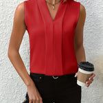 Women's Sleeveless Pleated V-Neck Blouse Office Workwear Casual Flowy Top - Victrafia
