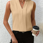 Women's Sleeveless Pleated V-Neck Blouse Office Workwear Casual Flowy Top - Victrafia