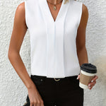 Women's Sleeveless Pleated V-Neck Blouse Office Workwear Casual Flowy Top - Victrafia