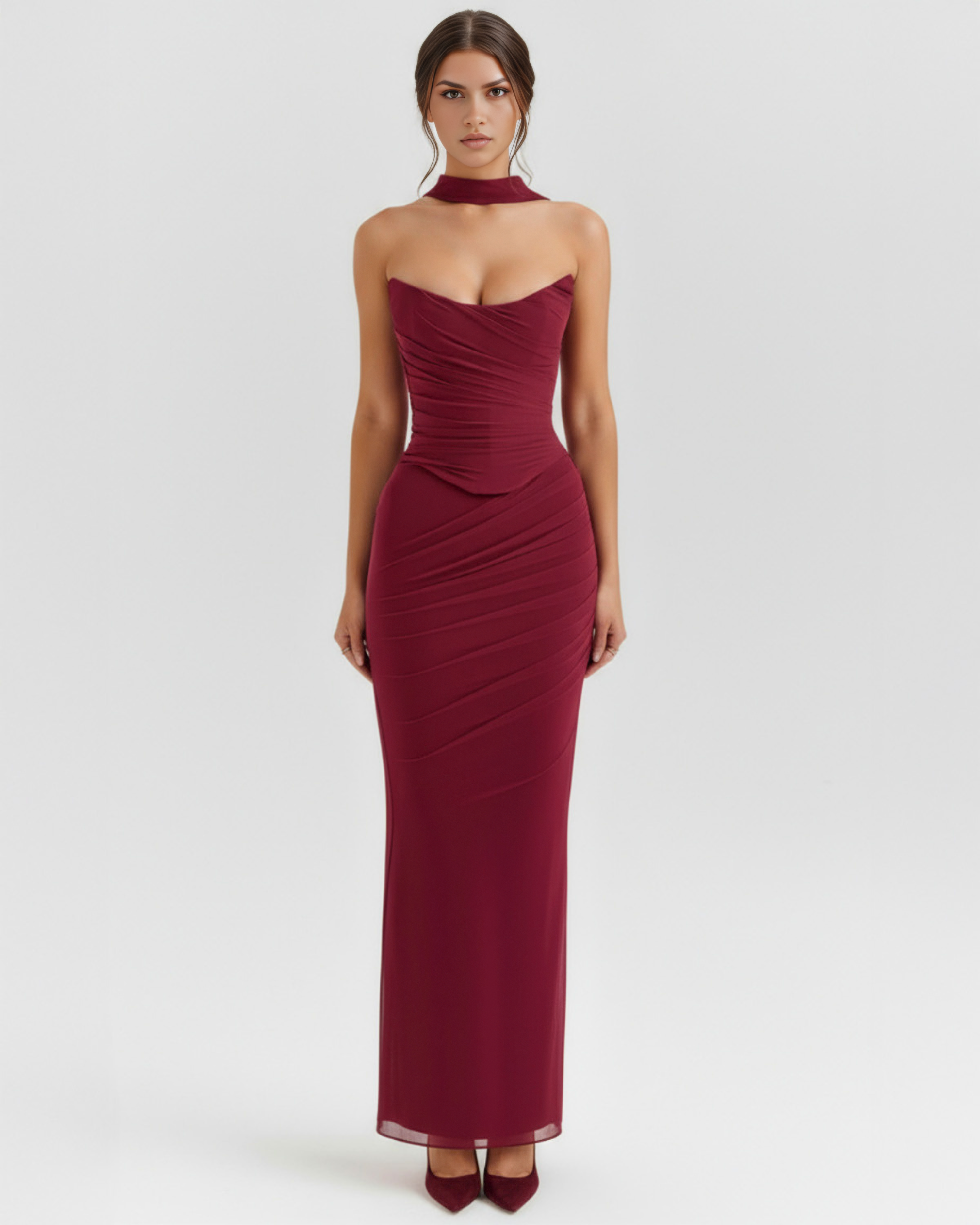 Women's Strapless Corset Maxi Dress Evening Formal Gown Mesh Ruched - Victrafia