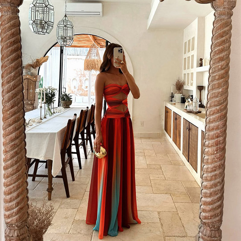 Women's Strapless Front Knot Maxi Dress Formal Evening Gown Wedding Guest Prom Gala - Victrafia