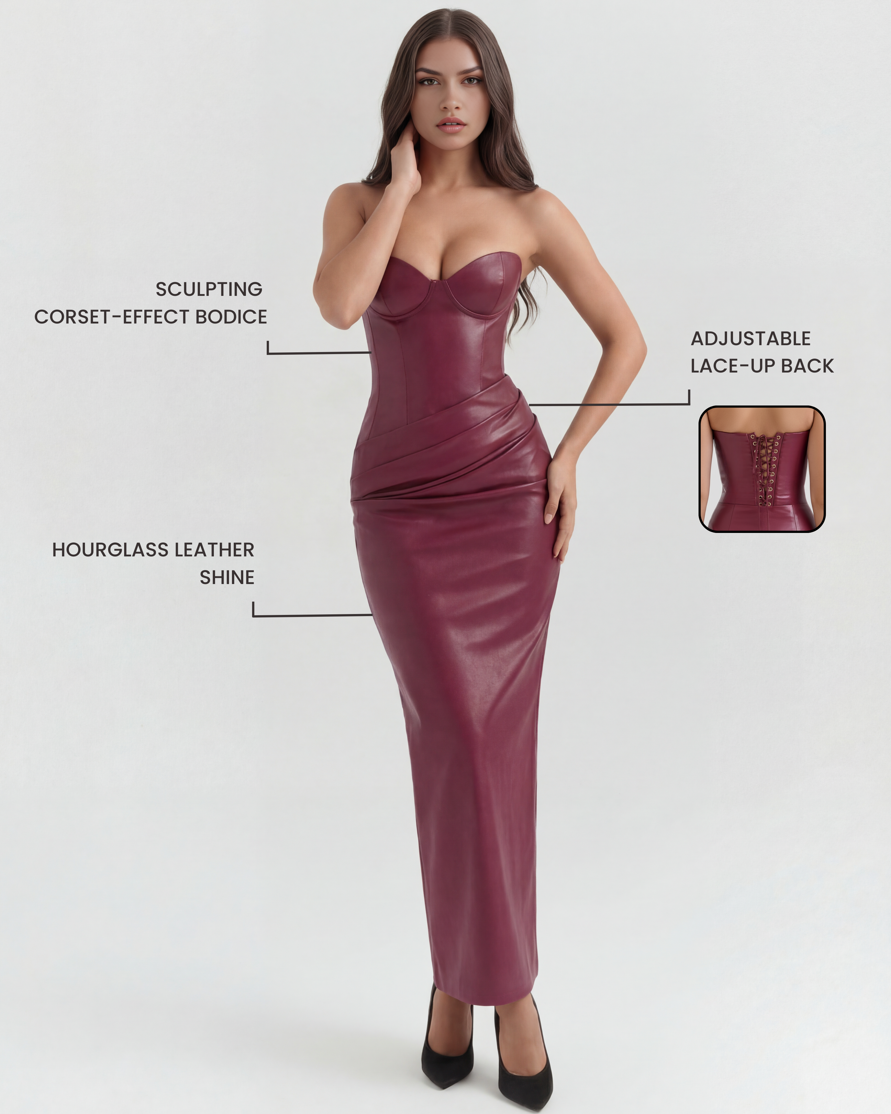Women's Strapless Vegan Leather Midi Dress Formal Evening Cocktail Party - Victrafia