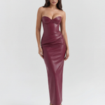 Women's Strapless Vegan Leather Midi Dress Formal Evening Cocktail Party - Victrafia