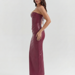 Women's Strapless Vegan Leather Midi Dress Formal Evening Cocktail Party - Victrafia