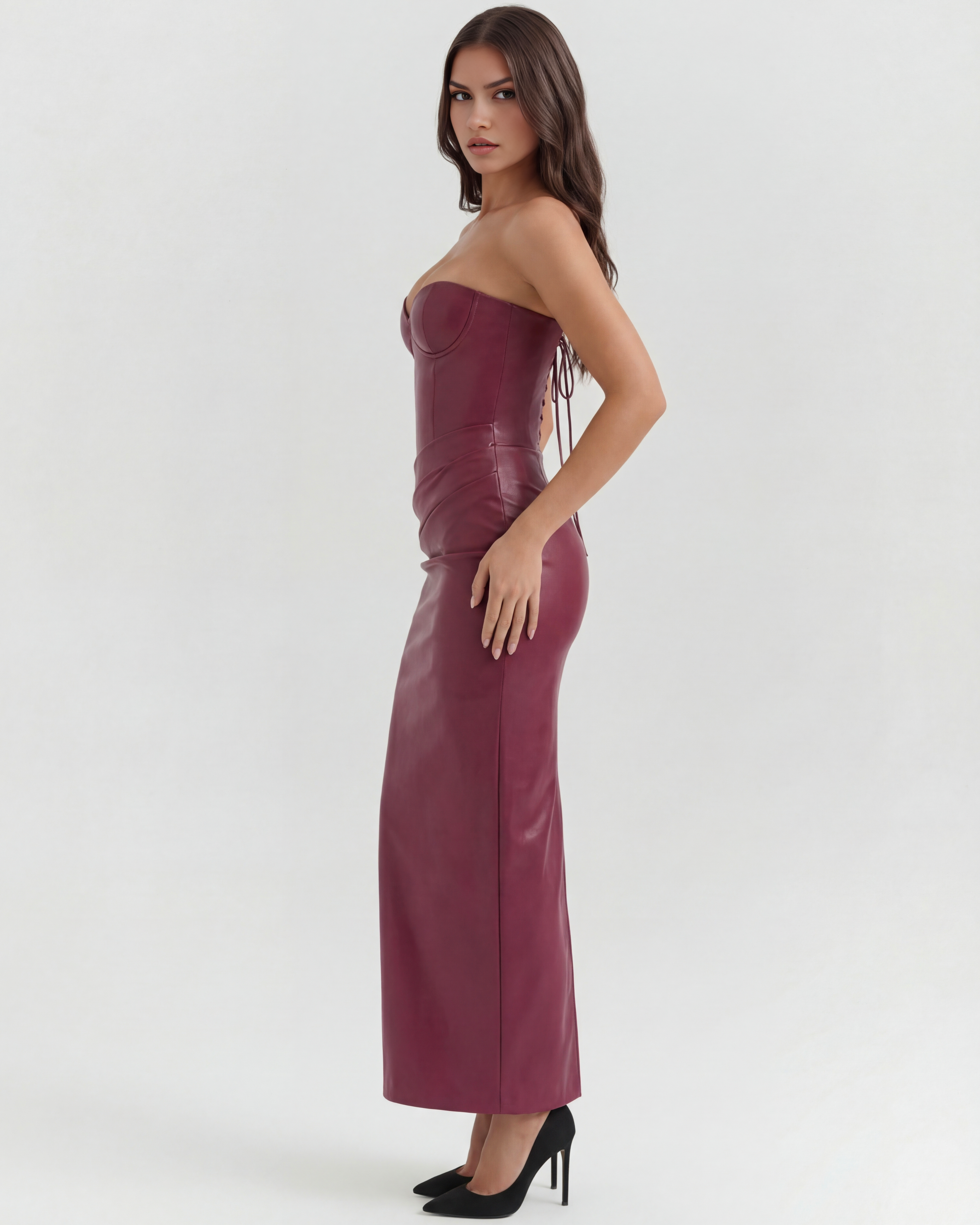 Women's Strapless Vegan Leather Midi Dress Formal Evening Cocktail Party - Victrafia