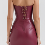 Women's Strapless Vegan Leather Midi Dress Formal Evening Cocktail Party - Victrafia