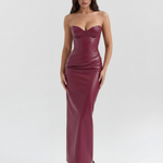 Women's Strapless Vegan Leather Midi Dress Formal Evening Cocktail Party - Victrafia