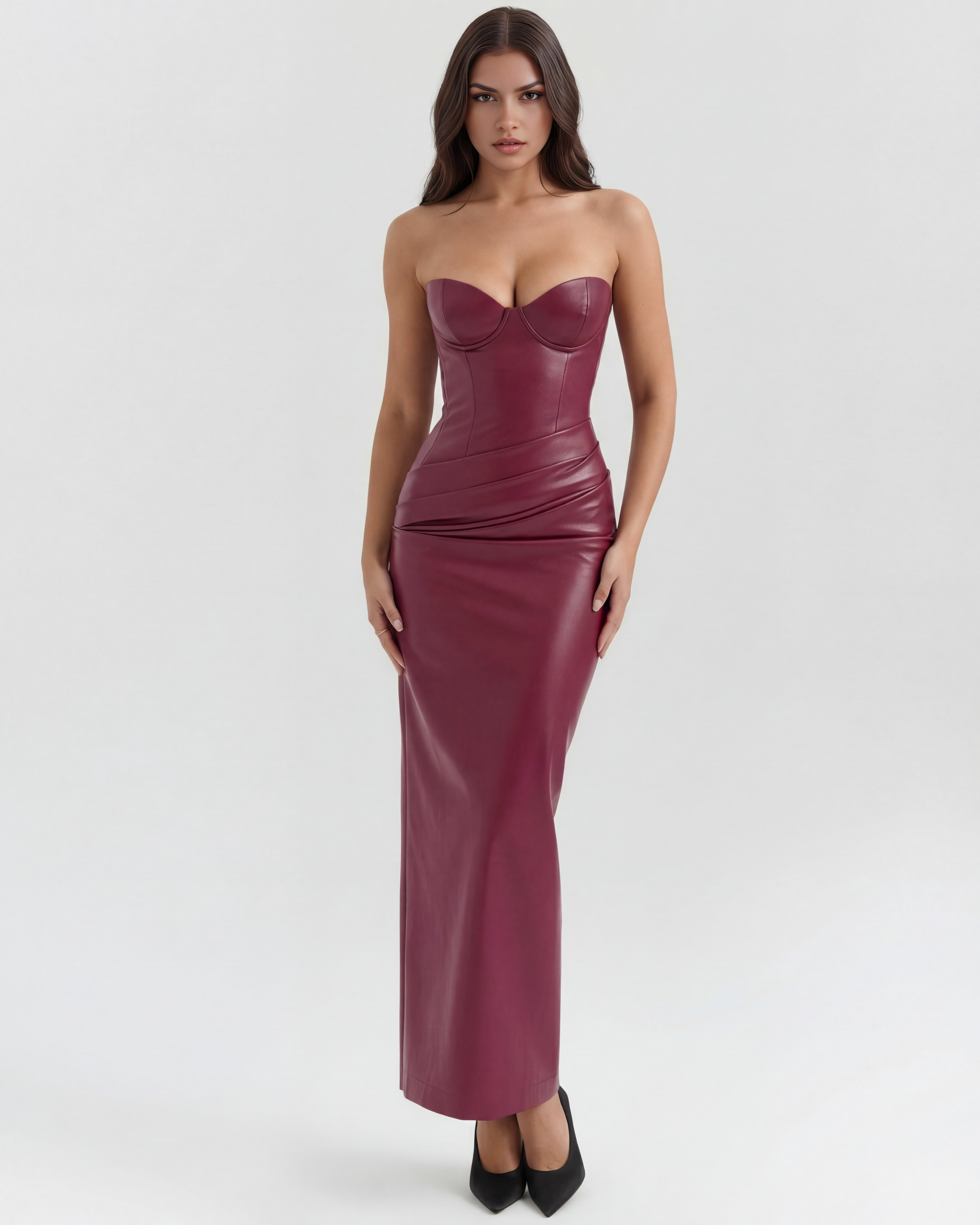Women's Strapless Vegan Leather Midi Dress Formal Evening Cocktail Party - Victrafia