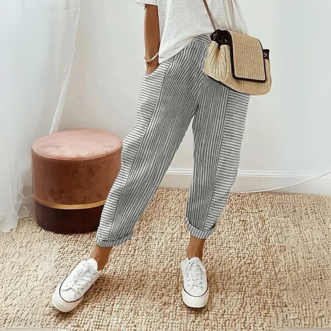 Women's Striped Elastic Waist Pants Drawstring Casual Summer Cropped - Victrafia
