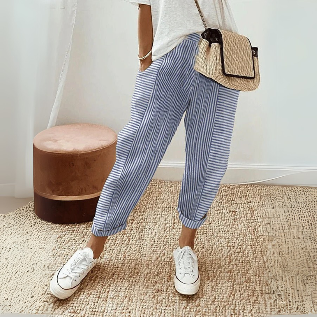 Women's Striped Elastic Waist Pants Drawstring Casual Summer Cropped - Victrafia