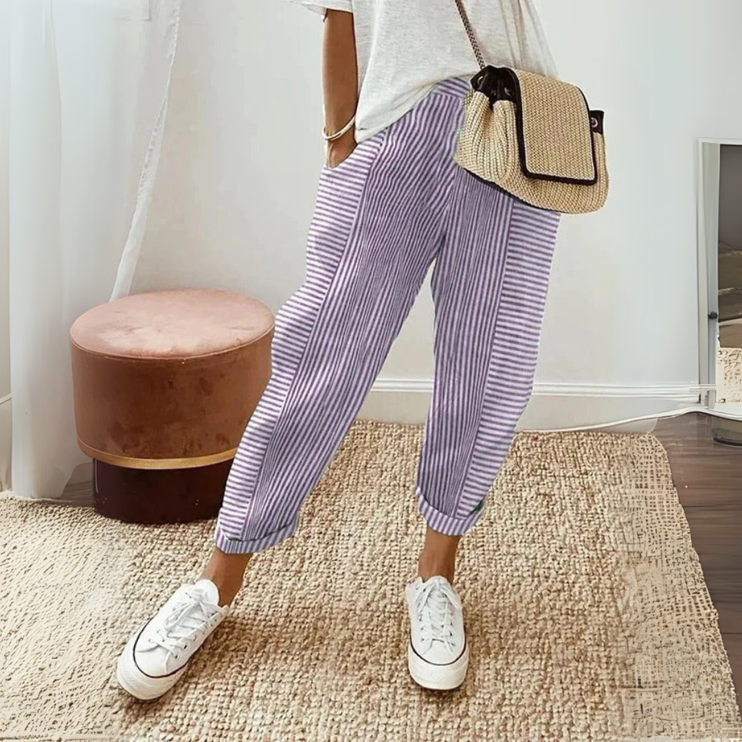 Women's Striped Elastic Waist Pants Drawstring Casual Summer Cropped - Victrafia