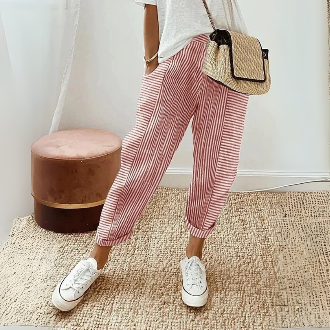 Women's Striped Elastic Waist Pants Drawstring Casual Summer Cropped - Victrafia