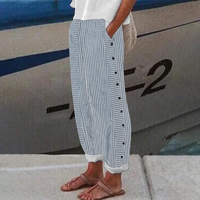 Women's Striped Wide-Leg Pants Relaxed Fit Side Button Linen Cotton Casual Summer - Victrafia