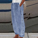 Women's Striped Wide-Leg Pants Relaxed Fit Side Button Linen Cotton Casual Summer - Victrafia