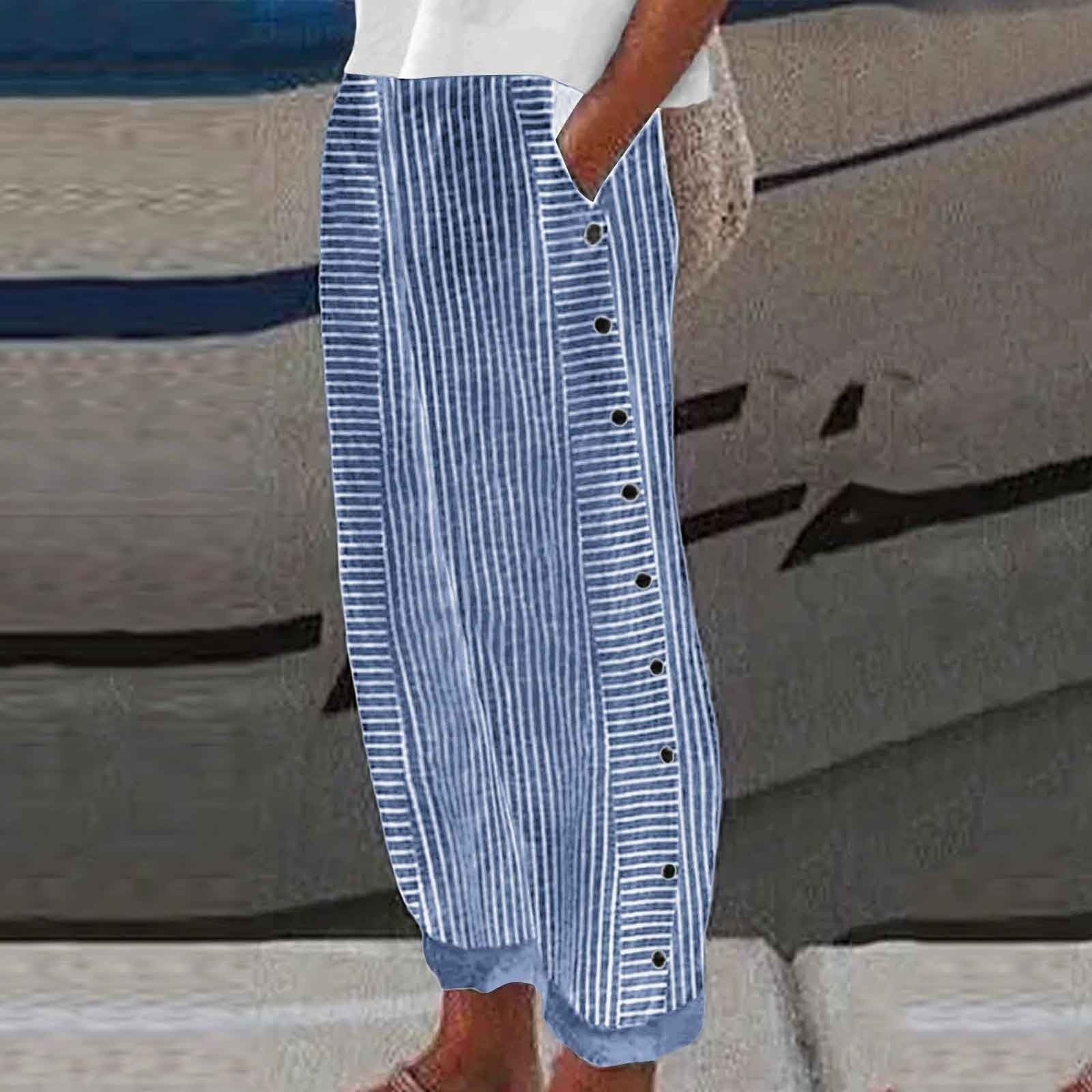 Women's Striped Wide-Leg Pants Relaxed Fit Side Button Linen Cotton Casual Summer - Victrafia
