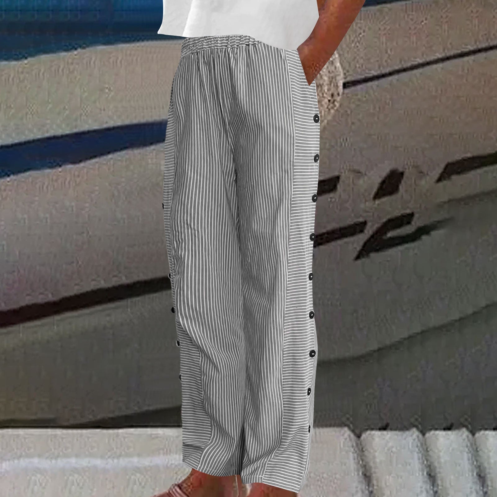 Women's Striped Wide-Leg Pants Relaxed Fit Side Button Linen Cotton Casual Summer - Victrafia