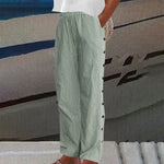 Women's Striped Wide-Leg Pants Relaxed Fit Side Button Linen Cotton Casual Summer - Victrafia