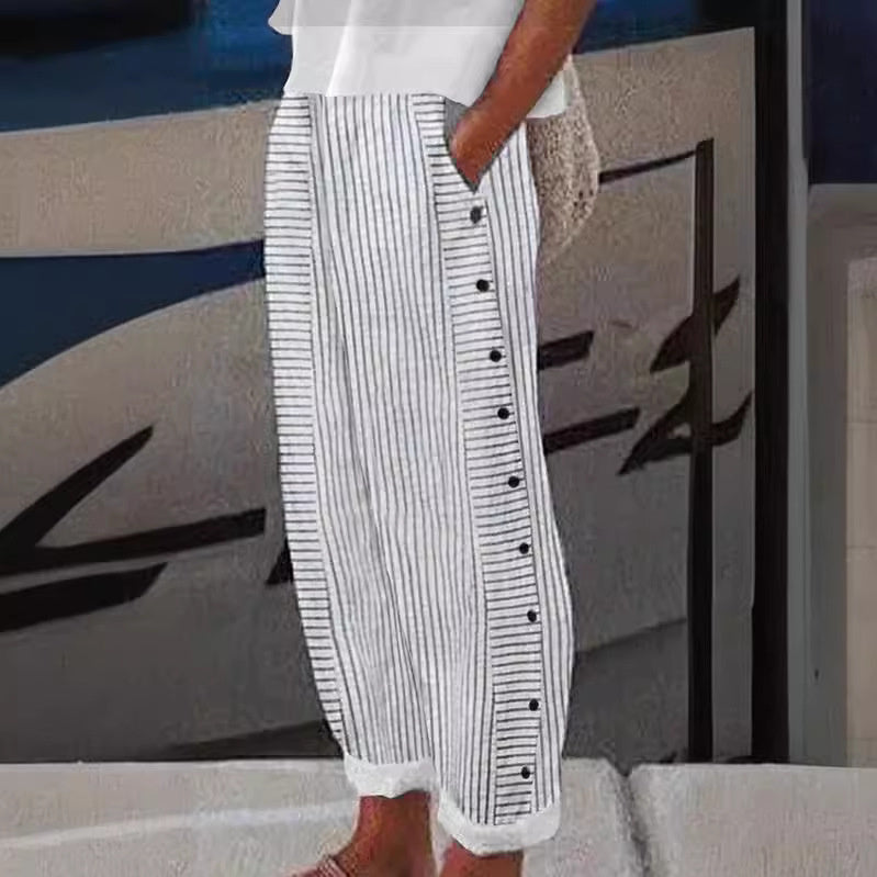 Women's Striped Wide-Leg Pants Relaxed Fit Side Button Linen Cotton Casual Summer - Victrafia