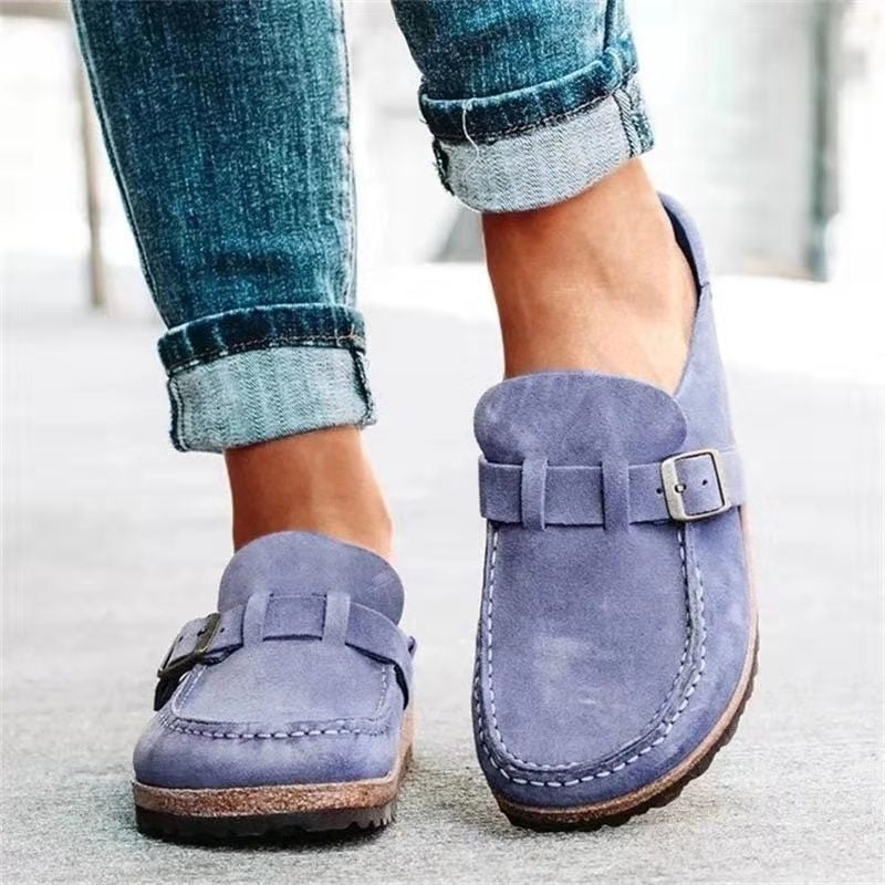 Women's Suede Clog Mules Slip-On Buckle Flat Casual Walking Shoes - Victrafia