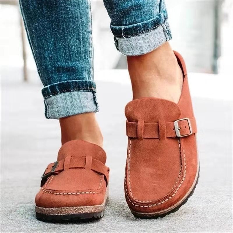 Women's Suede Clog Mules Slip-On Buckle Flat Casual Walking Shoes - Victrafia