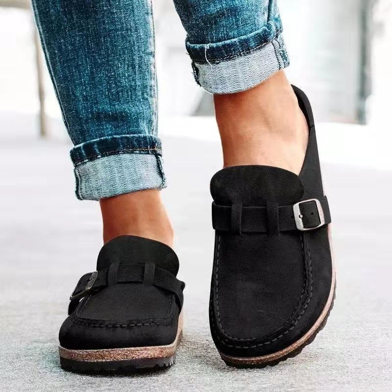 Women's Suede Clog Mules Slip-On Buckle Flat Casual Walking Shoes - Victrafia