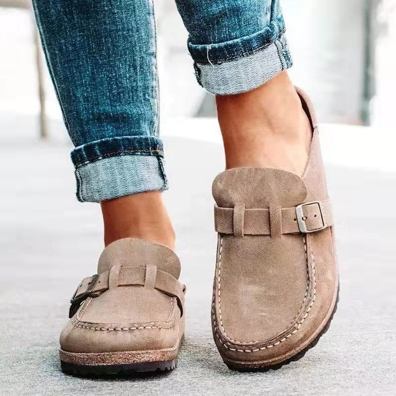 Women's Suede Clog Mules Slip-On Buckle Flat Casual Walking Shoes - Victrafia