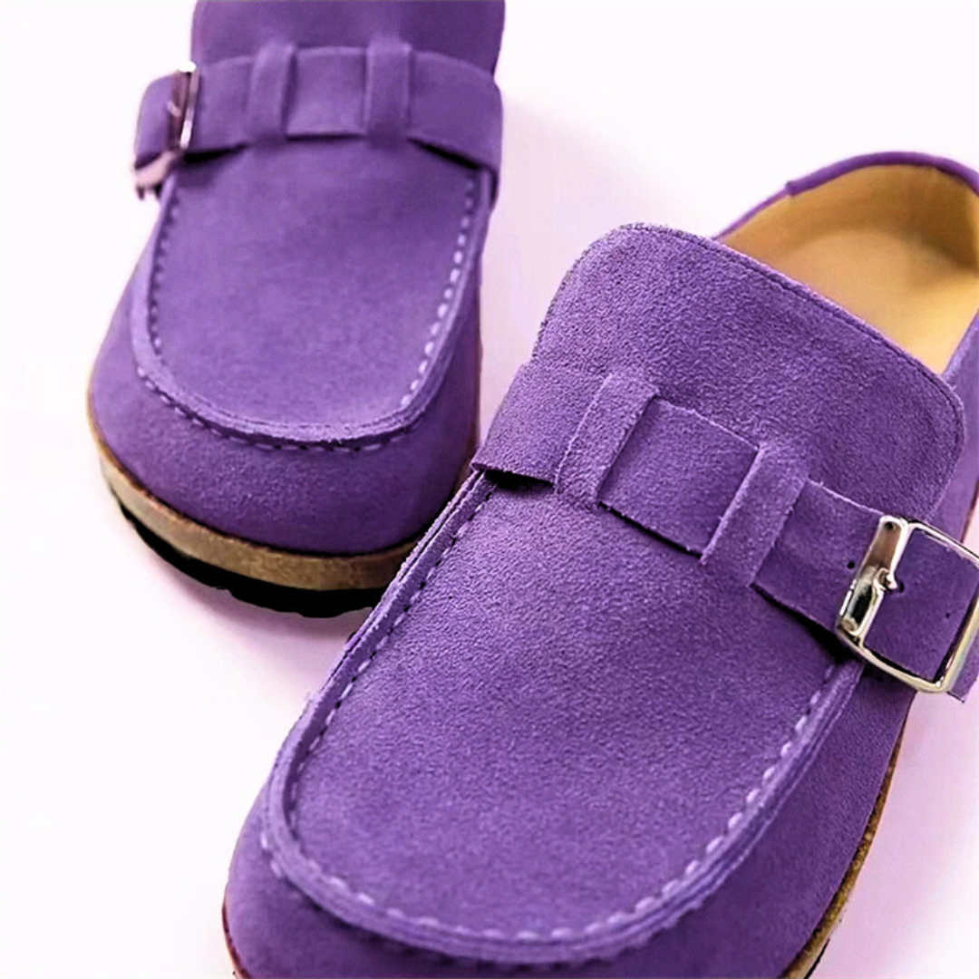 Women's Suede Clog Mules Slip-On Buckle Flat Casual Walking Shoes - Victrafia
