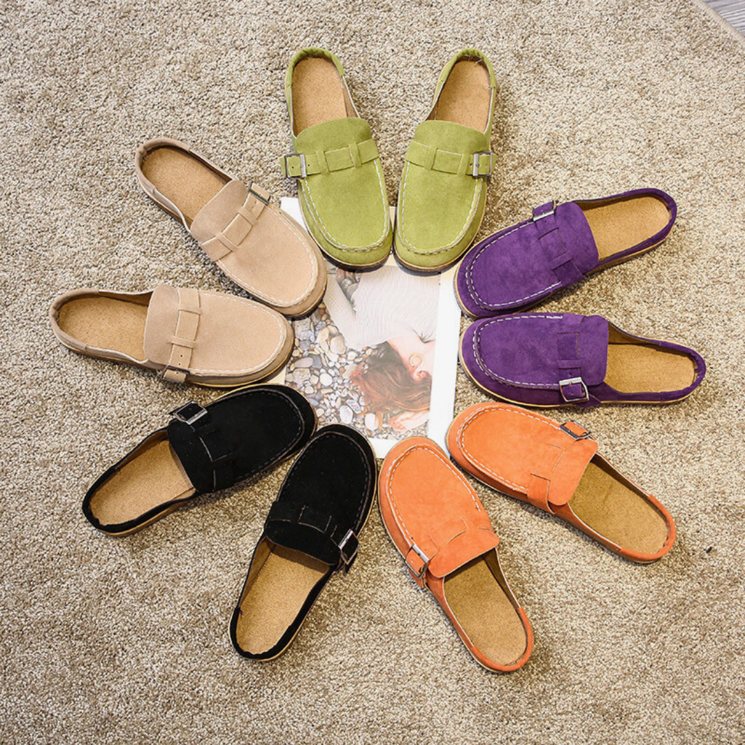 Women's Suede Clog Mules Slip-On Buckle Flat Casual Walking Shoes - Victrafia