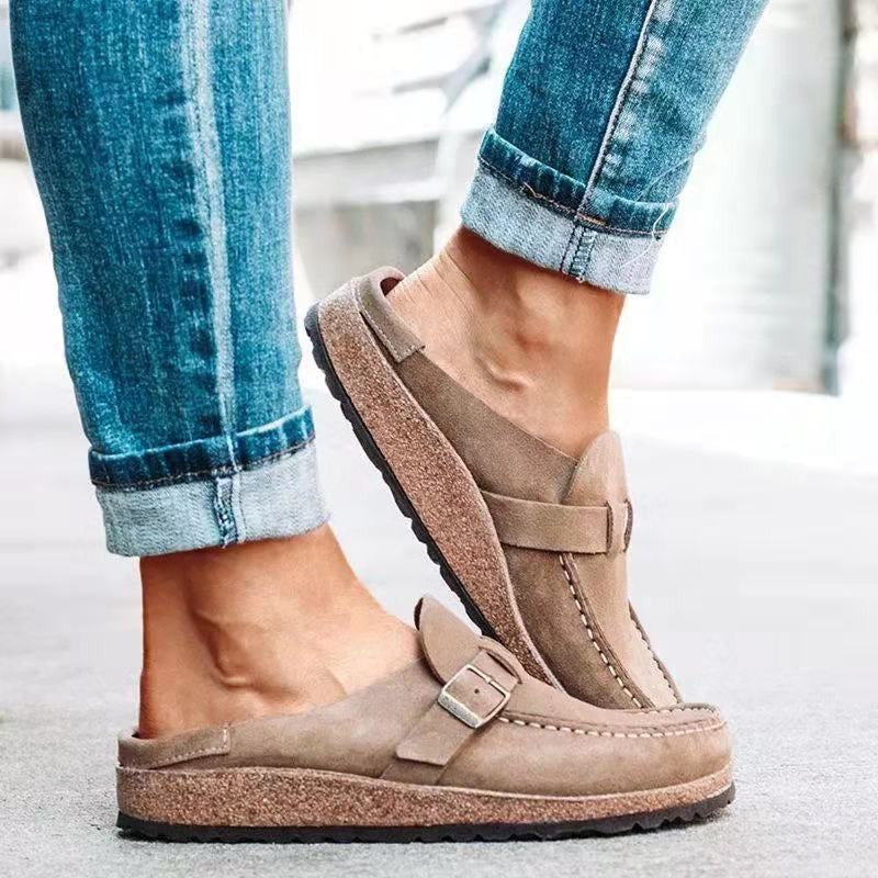 Women's Suede Clog Mules Slip-On Buckle Flat Casual Walking Shoes - Victrafia