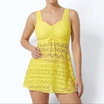 Women's Swim Dress One-Piece Swimsuit Ruched V-Neck Beach Vacation Cover-Up Style - Victrafia