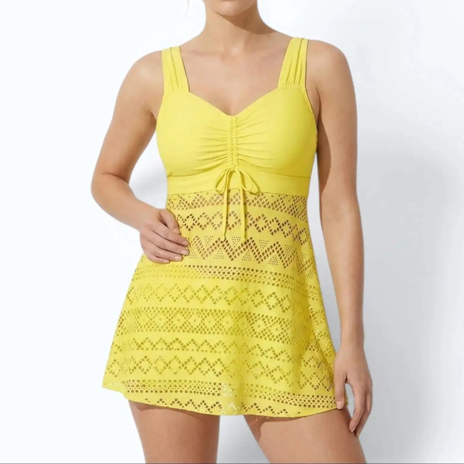 Women's Swim Dress One-Piece Swimsuit Ruched V-Neck Beach Vacation Cover-Up Style - Victrafia