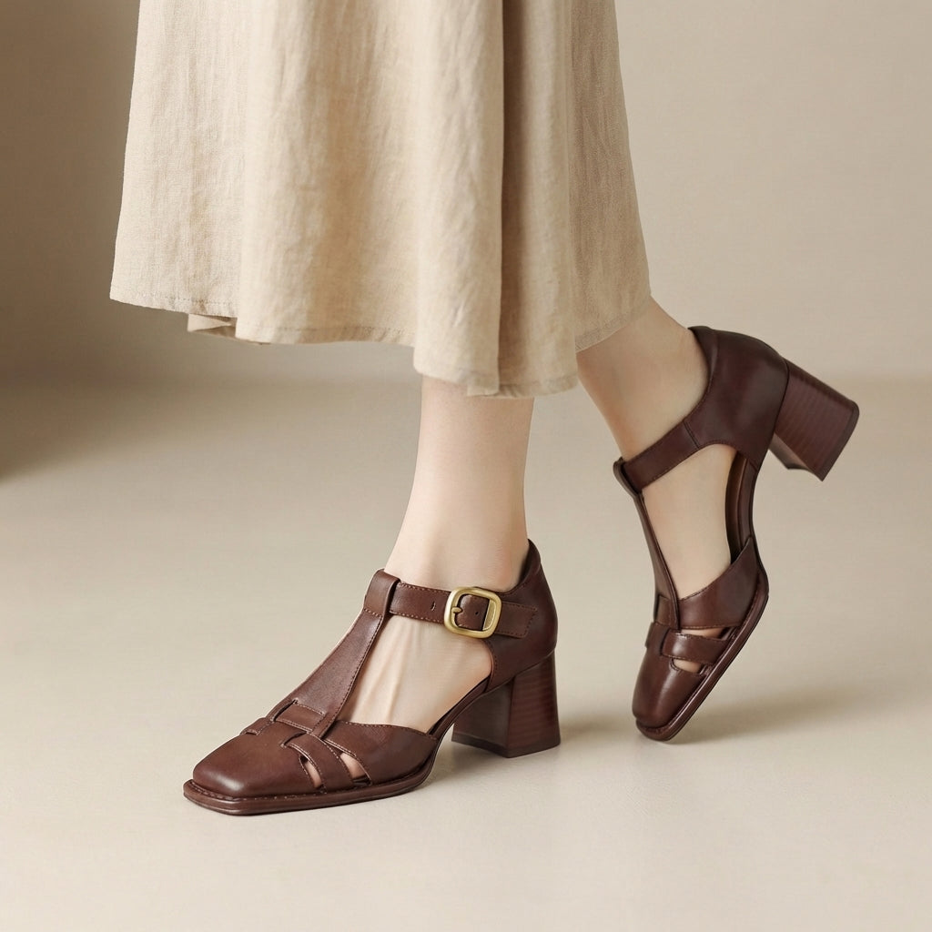 Women's T-Strap Chunky Heel Sandals Closed Toe Buckle Summer Casual Formal - Victrafia