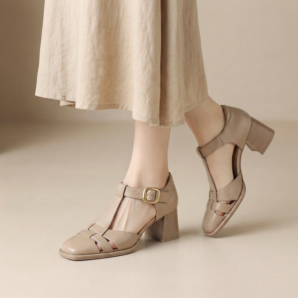 Women's T-Strap Chunky Heel Sandals Closed Toe Buckle Summer Casual Formal - Victrafia