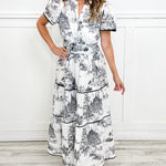 Women's Toile Midi Dress Smocked Waist Tiered Skirt Wedding Guest Garden Party Summer - Victrafia