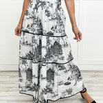 Women's Toile Midi Dress Smocked Waist Tiered Skirt Wedding Guest Garden Party Summer - Victrafia