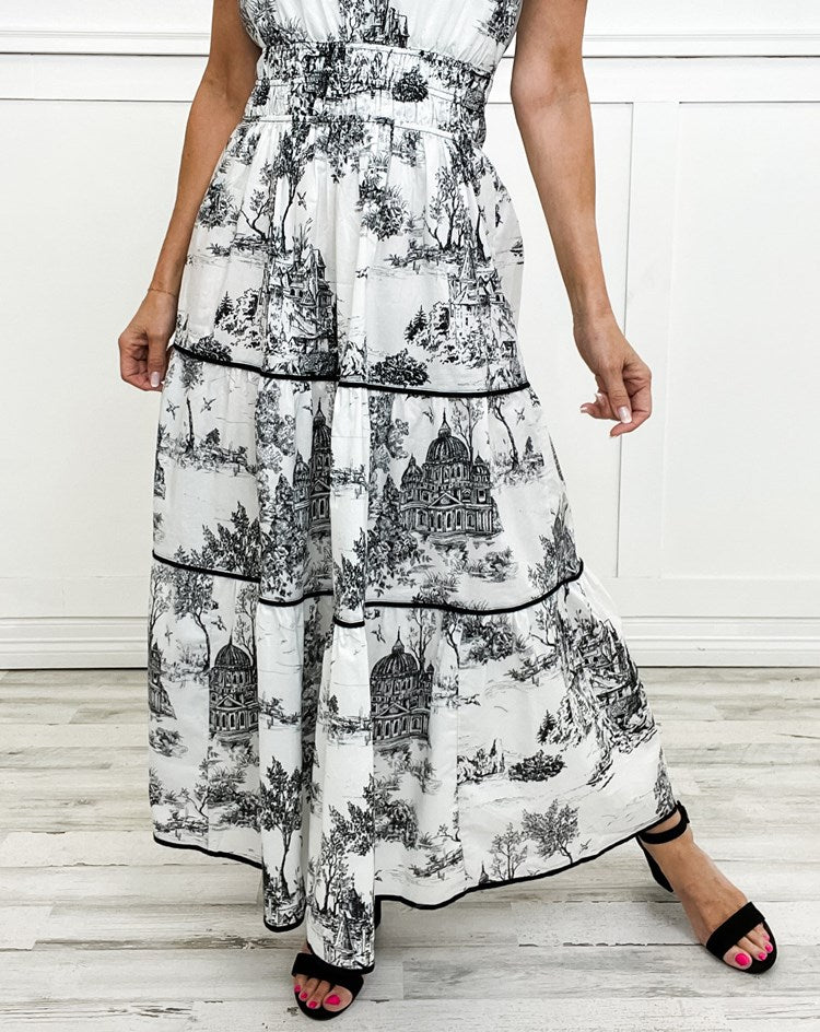 Women's Toile Midi Dress Smocked Waist Tiered Skirt Wedding Guest Garden Party Summer - Victrafia
