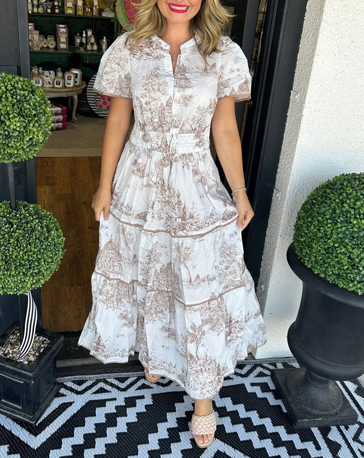 Women's Toile Midi Dress Smocked Waist Tiered Skirt Wedding Guest Garden Party Summer - Victrafia